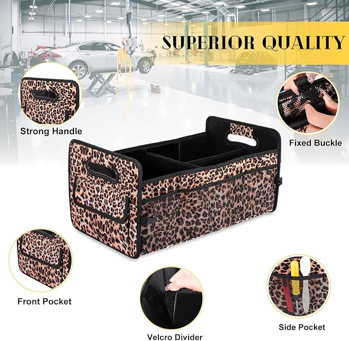 Car Trunk Organizer, Car Organizers and Storage Collapsible Multi Compartment Container Box, Adjustable Car Accessories for SUV Sedan Truck, Standard Size, Leopard print