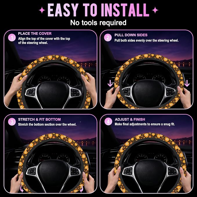 Retro 70s Groovy Orange Floral Steering Wheel Cover for Women Men Neoprene Breathable Wheel Cover Protector Anti-Slip Car Accessories Universal 15 Inch Fit for Cars Trucks Vehicles