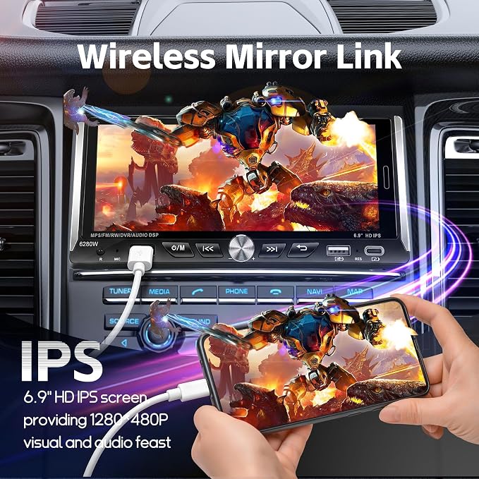 Single Din Radio Car Stereo with Wireless Apple Carplay & Android Auto, 6.9" UHD Touchscreen Car Stereo with Bluetooth, 1080P Backup Camera Mirror Link Navigation USB Type-C Fast Charging FM/AM EQ SWC