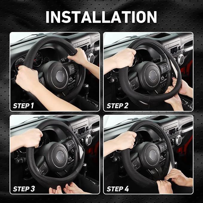 Car Steering Wheel Cover for F-150 Tundra Range Rover Large Size 15.5-16 inch (39.5-41cm) Black Breathable Microfiber Leather