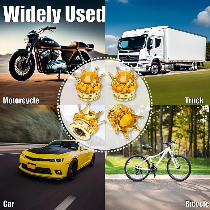 4PCS Crown Bling Tire Stem Valve Caps, Crystal Diamond Car Wheel Tire Valve Caps Universal Copper Core Stem Covers for Cars, SUV, Trucks, Bikes, Motorcycles, Bicycles (Gold)