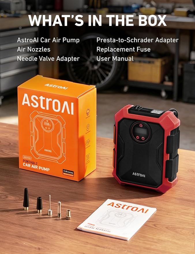 Tire Inflator Portable Air Compressor 12V DC 100PSI, Integrated Storage, Digital Gauge, Auto Shut-Off Fast Inflation LED Light, Air Pump for Car Tires Bike Motorcycle Other Inflatables, Red