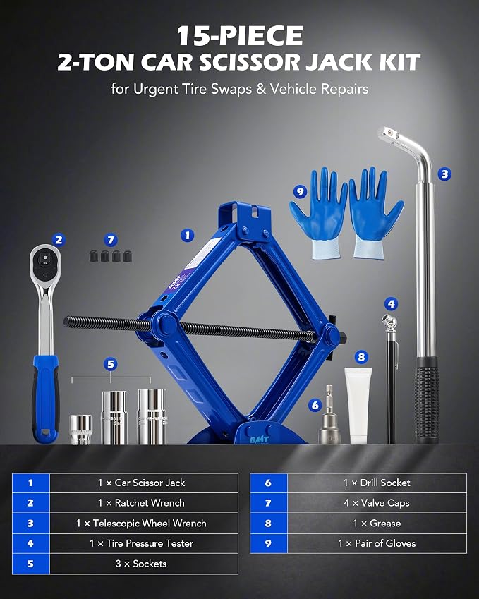 2 Ton Scissor Jack, 15 pc. Car Scissor Jack Kit for Sedan SUV MPV with Ratchet Wrench Drill Sockets, 4409 lb. Portable Car Jack and Stand Kit, Heavy Duty Car Jack for Tire Changing
