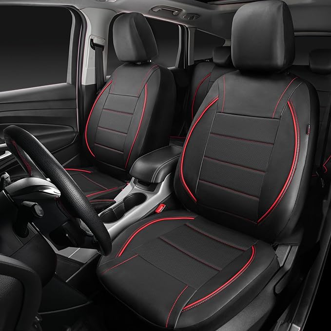 Universal FIT Piping Leather Two Front Seat Covers, Waterproof Faux Leather for SUV Sedan Van Truck, Airbag Compatible,Reserved Opening Holes for Headrest Covers. (Black red)