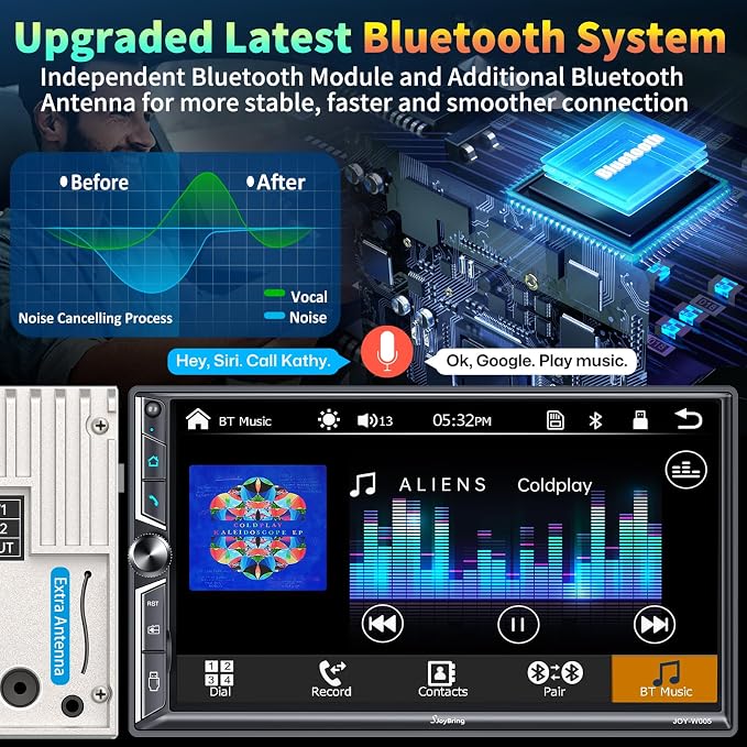 7" Double Din Car Stereo Compatible with Wireless Apple CarPlay & Android Auto, 240W 4.2-Channel Dual Subwoofer Ports, Touchscreen, Bluetooth 5.3, Mirrorlink, Backup Camera, FM/AM Car Radio