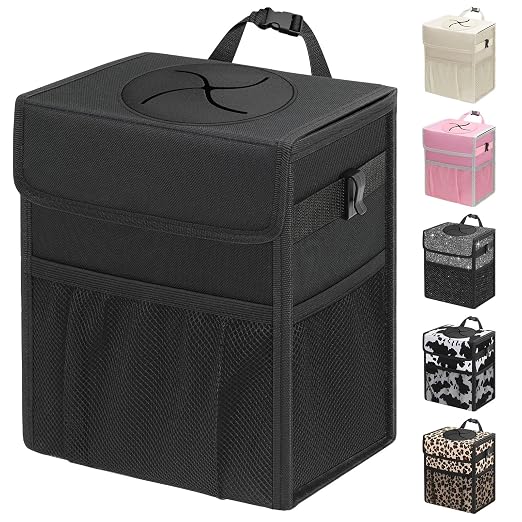Car Trash Can with Lid, Leakproof Car Trash Bag Hanging Waterproof Automotive Garbage Can with Storage Pockets Mini Vehicle Trash Bin for Back/Front Seat(Black,4 Gallon)