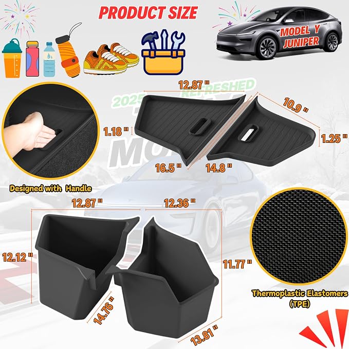 Rear Trunk Storage Bins with Lids for 2026 Tesla Model Y Juniper | Trunk Organizers Add Floor and Cargo Space, TPE Waterproof, Handle Design, Easy to Clean - 2 Pack