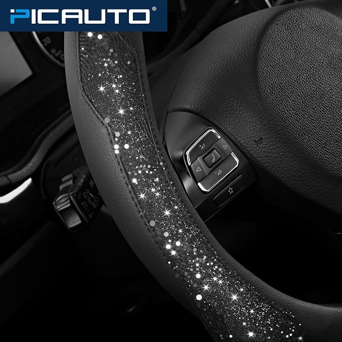 Steering Wheel Cover, Black Sparkly Crystal Bling Glitter with Leather, Universal Fit 14.5"-15.5" Car Steering Wheels for Girls & Women, Anti-Slip Wheels Cover for Cars, Trucks, Van, SUVs