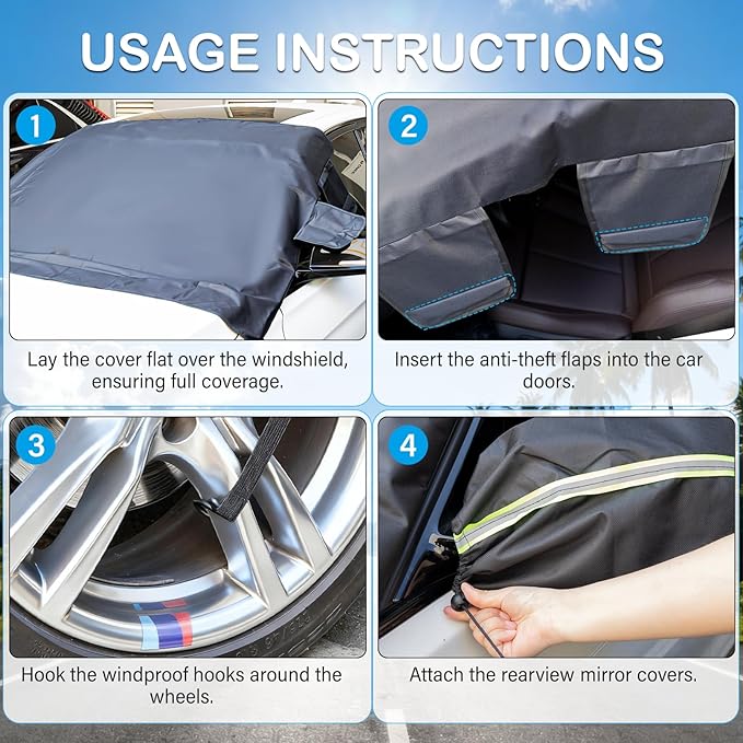 Windshield Cover for Ice and Snow, All-Season Car Windshield Cover with Heavy Duty Oxford Fabric, Windproof Front Window Protector Sun Shade with Mirror Covers for Cars, SUVs and Trucks