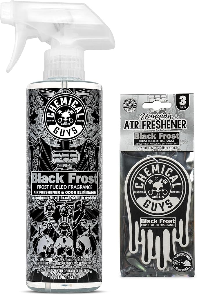 Black Frost Air Freshener and Odor Eliminator, 16 fl oz Spray with 3 Pack of Hanging Air Fresheners (Great for Cars, Trucks, SUVs, RVs, Home, Office, Dorm Room & More) - HOL432