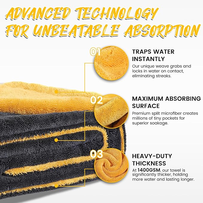 PUGPIU 1400GSM Large Microfiber Car Drying Towel Detailing 24"x36" | XL Super Absorbent Microfiber Towels - Edgeless with Twisted Loop - No Lint Streak for SUV Truck Car Detailing (Yellow)