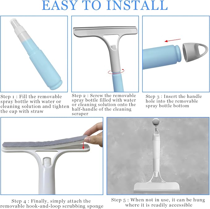 3 in 1 Window Cleaning Scraper with Spray,Glass Squeegee with Removable Hook-and-Loop Scrubbing Sponge,Mirror Cleaner Tool for Home,Car Windshield,Shower Glass,Easy Scrubbing & Streak-Free Cleaning