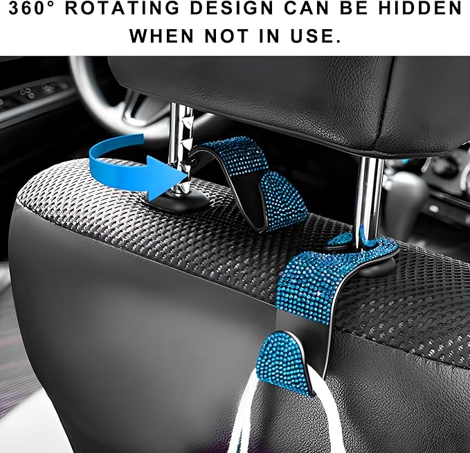 4 PCS Car Seat Headrest Hooks, Bling Crystal Rhinestone Back Seat Hanger Storage Organizer, Sparkly Seatback Holder Hooks for Purse and Bags Universal For Most Vehicles (Lake Blue)