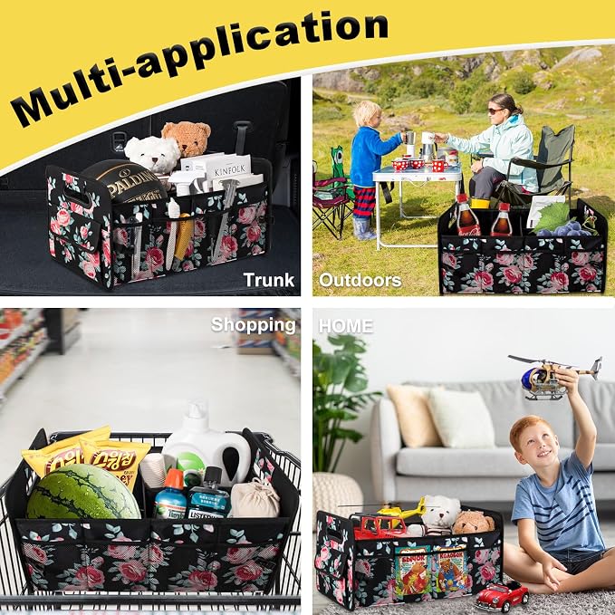 Car Trunk Organizers and Storage Collapsible Multi Compartment Container Box, Adjustable Car Accessories for SUV Sedan Truck, Standard Size, Black Floral