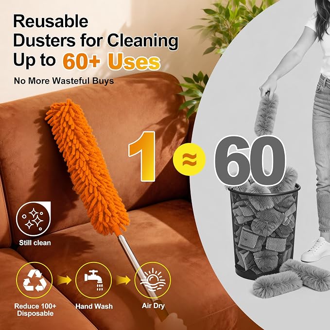 5-in-1 Duster with Extension Pole 100” Extendable Dusters for Cleaning Reusable Anti-Spin Dusting Kits for High Ceiling Fans, Cobwebs & Vents, Reinforced Stainless Steel Telescopic Handle