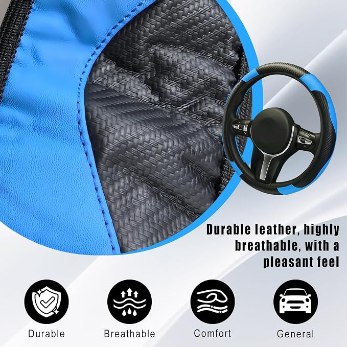 Leather Car Steering Wheel Cover, 15 Inch Anti-Slip Carbon Fiber Black Steering Wheel Cover, Universal Car Interior Accessories for Trucks Sedans SUVs (Black & Blue)