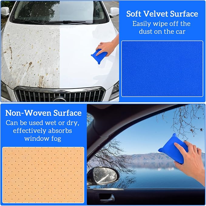 2 PCS Car Window Defogger Sponge, Absorbent Car Windshield Cleaner Inside Reusable Mirrors Window Glass Defogging Sponge for Auto Glass Fog and Steam Removal Non-Scratch Cleaning (Blue+Yellow)