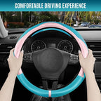 Steering Wheel Cover, Pink Patterned & Blue Leather Patchwork Design, Universal Fit 14.5"–15.5", Anti-Slip, Odor-Free, Soft PU Grain Leather, Durable Grip Car Accessory for Girls & Women