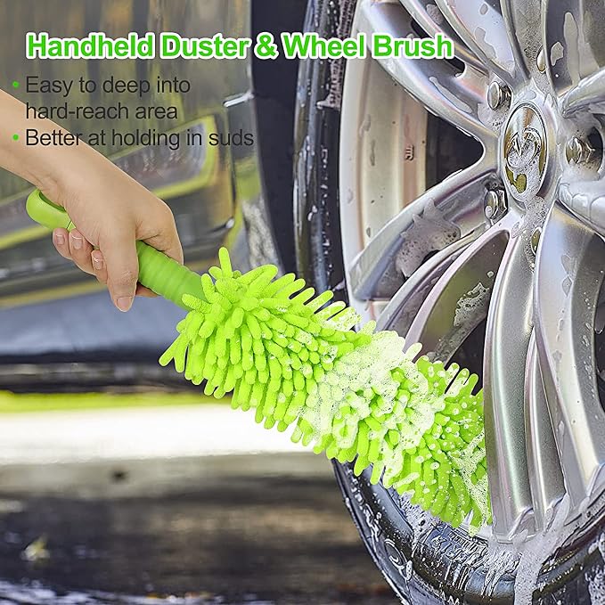 62'' Car Wash Brush With Long Handle - Chenille Microfiber Mop Mitt, Cleaning Kit, Windshield Window Squeegee, Duster, Microfiber Towels, Wheel Tire Brush for Cars, RV, Truck, Boat
