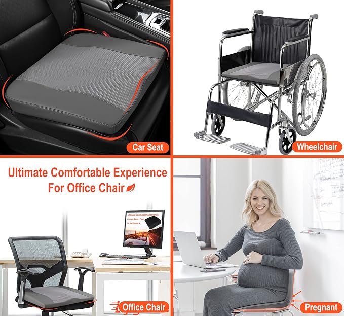 Car Seat Cushion, Comfort Memory Foam Car Cushions for Driving - Sciatica & Lower Back Pain Relief, Driver Seat Pillow for Auto, Office Chair, Wheelchair - Dark Grey