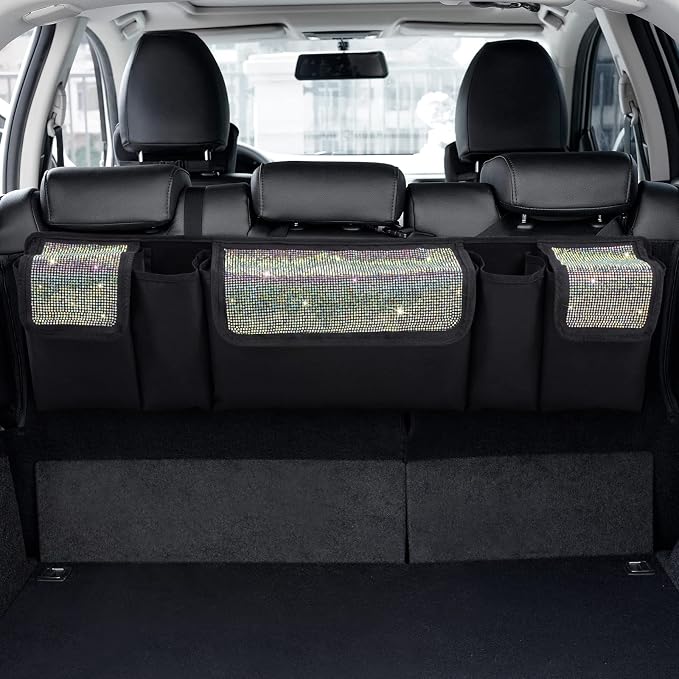 Car Trunk Organizer and Storage, Backseat Hanging Organizer for SUV, Truck, MPV, Waterproof, Collapsible Cargo Storage Bag with 5 Pockets, Bling Car Interior Accessories for Women,Multicolor