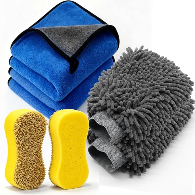 6-Pack Car Cleaning Kit: 2 Scratch-Free Microfiber Wash Mitt, 2 Car Wash Sponge & 2 Microfiber Towels for Cars – Complete Car Wash Set for a Streak-Free Shine
