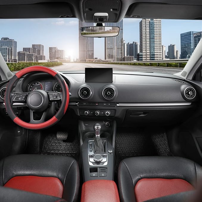 Car Steering Wheel Cover Universal Standard Size 14.5-15 inch, Black and Red Microfiber Leather