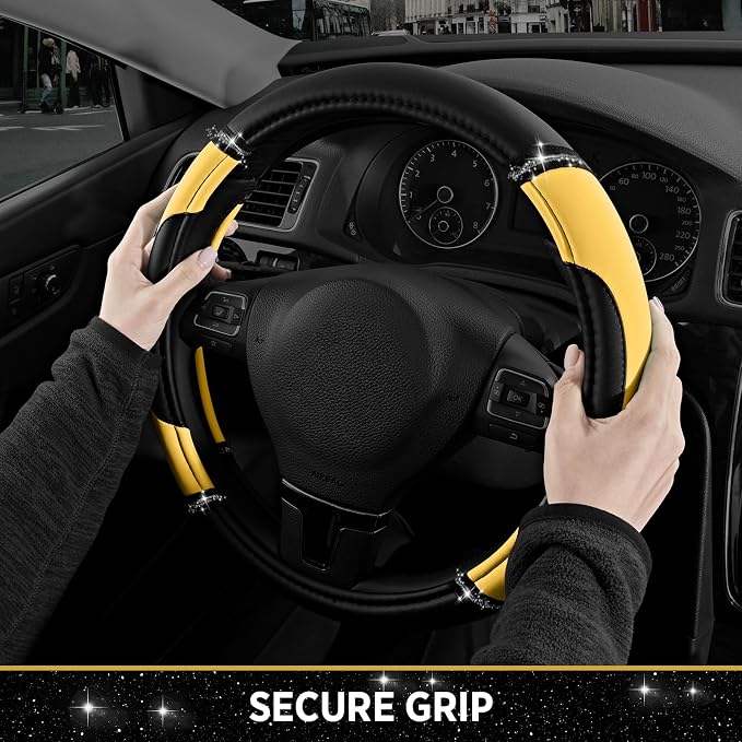 Leather Steering Wheel Cover - Made with PVC Leather - Anti-Slip, Universal Fit 14 1/2 inches to 15 inches - Yellow