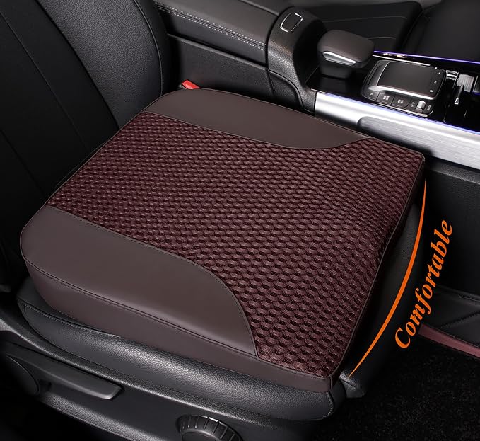 Car Seat Cushion – Memory Foam Pad for Driving Comfort – Boosts Height and Relieves Coccyx & Lower Back Pain – Car, Truck, Office Chair (Leather & 4D Mesh Brown)