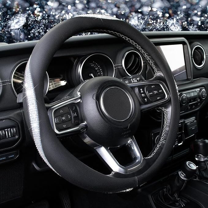 White Crystal Steering Wheel Cover, Sparkly Clear Diamond Breathable Leather Car Protector, Universal 15 Inch Fit for Women Girls, Anti-Slip Comfortable, Silver White