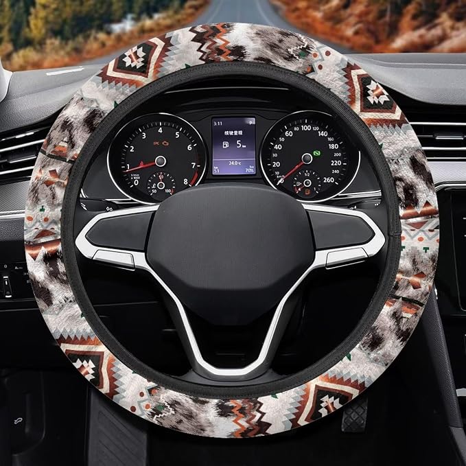 Car Steering Wheel Cover Universal 15 Inch Steering Wheel Wrap Anti-Slip Soft Elastic Decorative Auto Accessories All Weather Protection, Aztec Gray Leopard Print