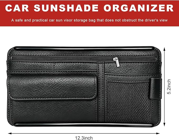 Car Sun Visor Organizer, Scratch-Resistant Auto Visor Glasses Storage Bag with Multi-Pocket Net Zipper, Waterproof Leather Sunshade Organizer Card Holder for Most Vehicles (Black)