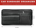 Car Sun Visor Organizer, Scratch-Resistant Auto Visor Glasses Storage Bag with Multi-Pocket Net Zipper, Waterproof Leather Sunshade Organizer Card Holder for Most Vehicles (Black)