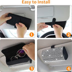 Bling Sunglasses Holder for Car Sun Visor, Sparkling Eyeglasses Car Visor Clip Storage Glasses Organizer Case, PU Leather Auto Sunglass Holder Protective Box for Truck, SUV, RV (White)