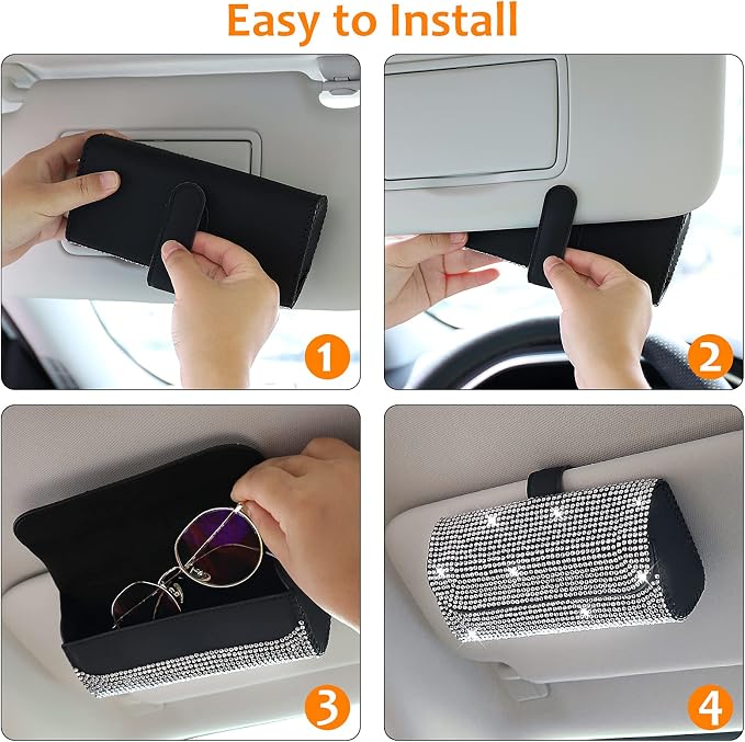 Bling Sunglasses Holder for Car Sun Visor, Sparkling Eyeglasses Car Visor Clip Storage Glasses Organizer Case, PU Leather Auto Sunglass Holder Protective Box for Truck, SUV, RV (White)