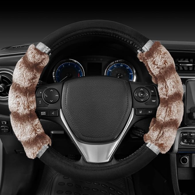 Bear Fur Steering Wheel Cover, Plush Faux Fur Fuzzy Steering Cover for Car Truck Van SUV, Standard Size Fits Wheels 14.5-15 in Diameter, Two Tone Black/Brown with Glitter
