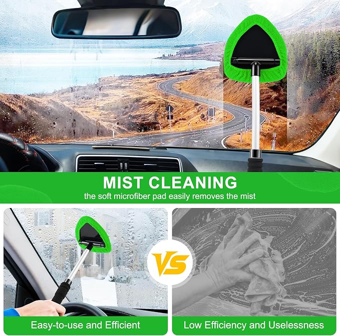 Windshield Cleaner Tool, Car Interior&Exterior Window Cleaning Tool with Extendable Handle & 4 Reusable Microfiber Pads, Auto Glass Wiper Brush Kit for Cars (Green)