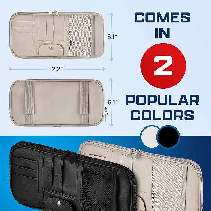 Car Sun Visor Organizer – Car, SUV, Truck Interior Accessories - Magnetic Glasses Holder & Full Length Horizontal Pockets, Allows Safe Driving - 12.2 X 6.1 In, Beige