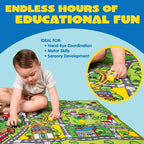 Carpet Playmat w/ 12 Cars Pull-Back Vehicle Set for Kids Age 3+, Jumbo Play Room Rug, City Pretending Play