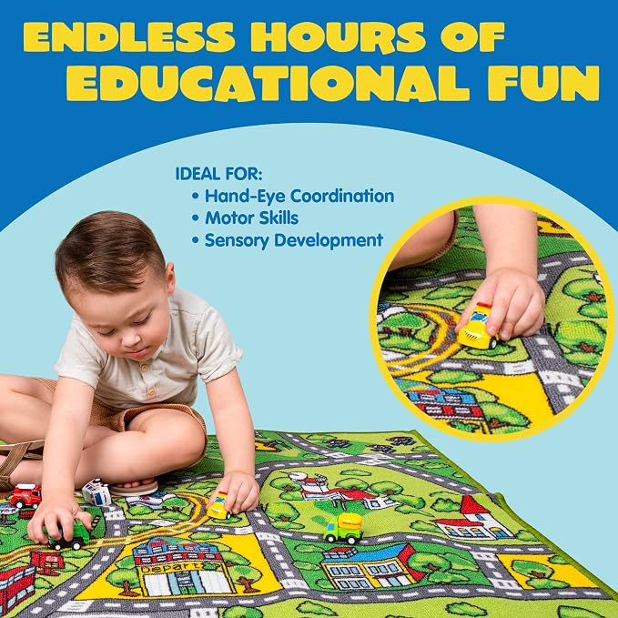 Carpet Playmat w/ 12 Cars Pull-Back Vehicle Set for Kids Age 3+, Jumbo Play Room Rug, City Pretending Play