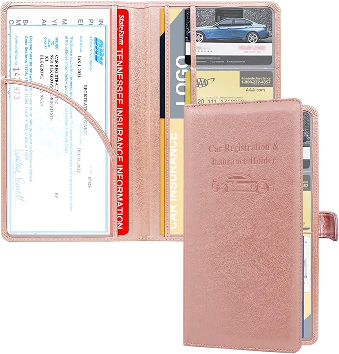 Car Registration and Insurance Holder, Leather Car Glove Box Organizer, Cool Car Accessories for ID, Driver's License Cards & Essential Document, Men&Women, Rose Gold
