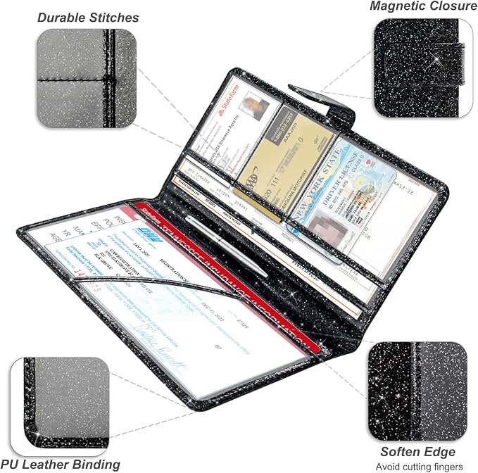 Car Registration and Insurance Holder, Vehicle Glove Box Organizer Cool Car Accessories, Auto Truck Document Holder for Cards, Driver License, Black Glitter