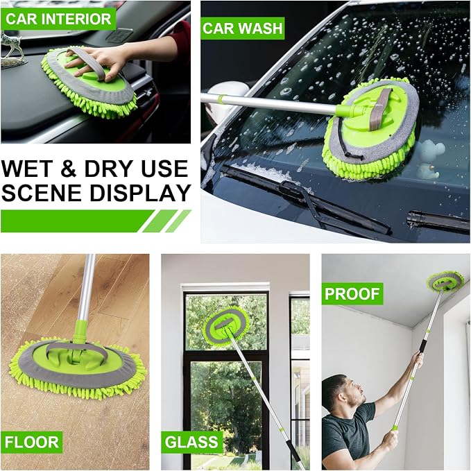 62" Car Wash Brush Kit Mitt Mop Sponge with Long Handle Chenille Microfiber Car Cleaning Brush Kit Supplies Car Washing Mop Kit Car Care Kit of Scratch-Free Replacement Head for Car RV Truck
