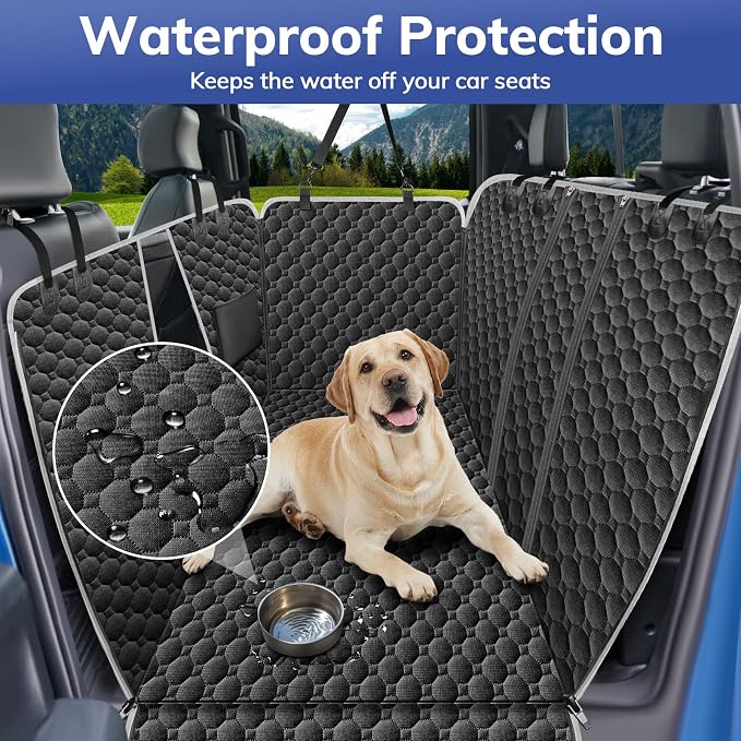 Waterproof Dog Back Seat Cover with Zipper Flap, Fit for F150/RAM | Visible Mesh Window,Split Seat Design，Great Gift，Storage Pockets，Effortless Cleaning, Designed for full-size trucks, Comfort