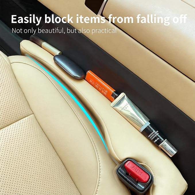Inflatable Car Seat Gap Filler Strip - 2Pcs Leather Foldable Seat Gap Plug Blocker,Stop Dropping Items,Soft Interior Accessories for All Cars (Beige)