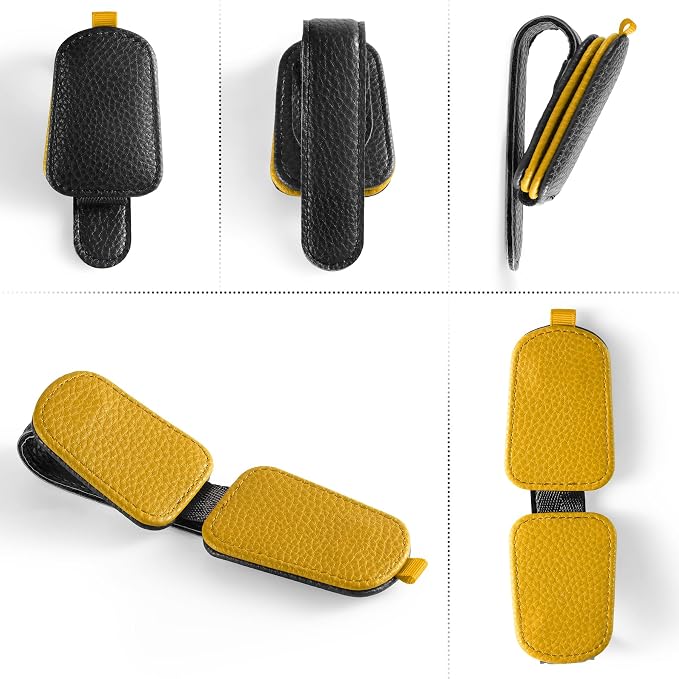 Sunglasses Holder for Car, Leather Magnetic Buckle Sun Visor Sunglass Clip, Ticket Card Storage Glasses Clip, Car Interior Accessories for Men and Women（2PCS Black-Yellow）