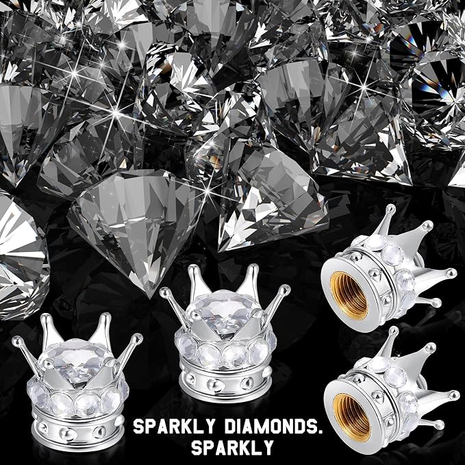 4 Pieces Crown Tire Valve Stem Caps Bling Handmade Crystal Rhinestone Universal Chrome Crown Vehicle Car Tire Caps Covers, Attractive Accessories for Car (White)