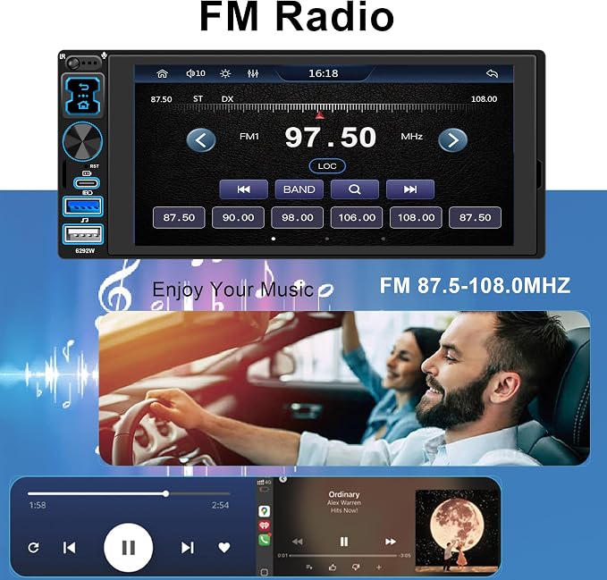 Single DIN Car Stereo Radio with Wireless Apple CarPlay & Android Auto, 6.8" IPS 1280x600 Touchscreen, Car Bluetooth 5.2, FM Radio, Backup Camera, Dual USB, EQ Audio, 180W Subwoofer Car Audio Receiver