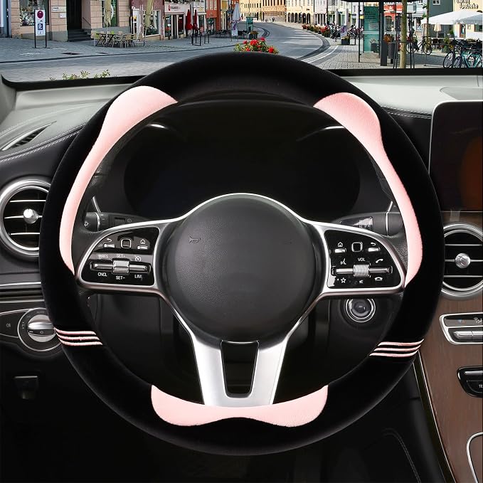 Furry Cute Soft Steering Wheel Cover 14 inch Black with Pink | Fluffy Short Plush Car Accessories, Non-Slip Cold-Proof Sweat-Proof Colorfast, Small 13.5 inch to 14 inch