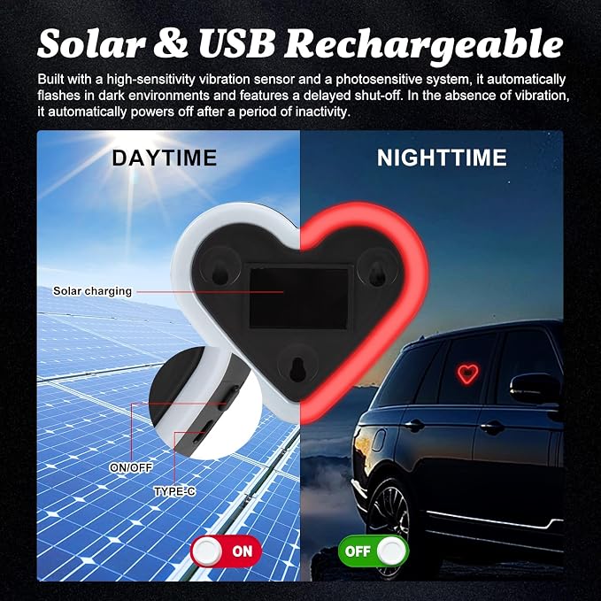 Upgrade Car Light LED Ambient Lights Heart Solar Lights Solar-Powered Heart-Shaped Neon Lights for Car Window Decorative 5 Modes Interior Outdoor Decor (Red)